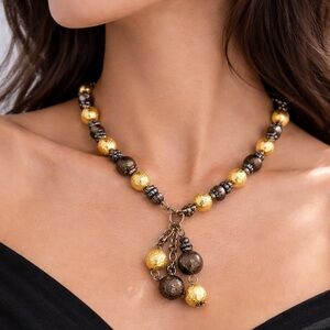 Gold Tone Black Beaded Necklace Textured Ball Toggle Clasp Statement Jewelry